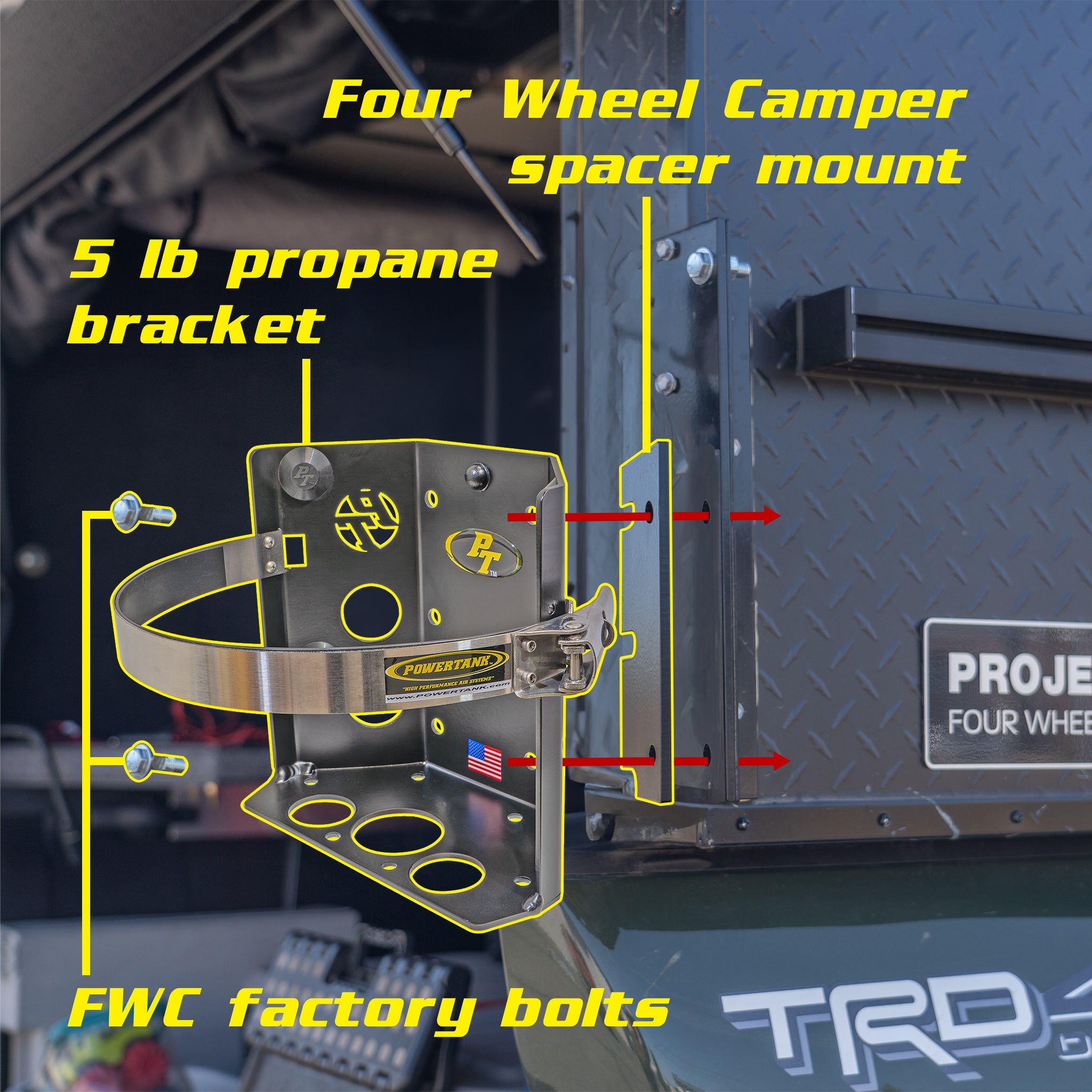 Power Tank Four Wheel Camper Mount for 5 lb propane tank bracket