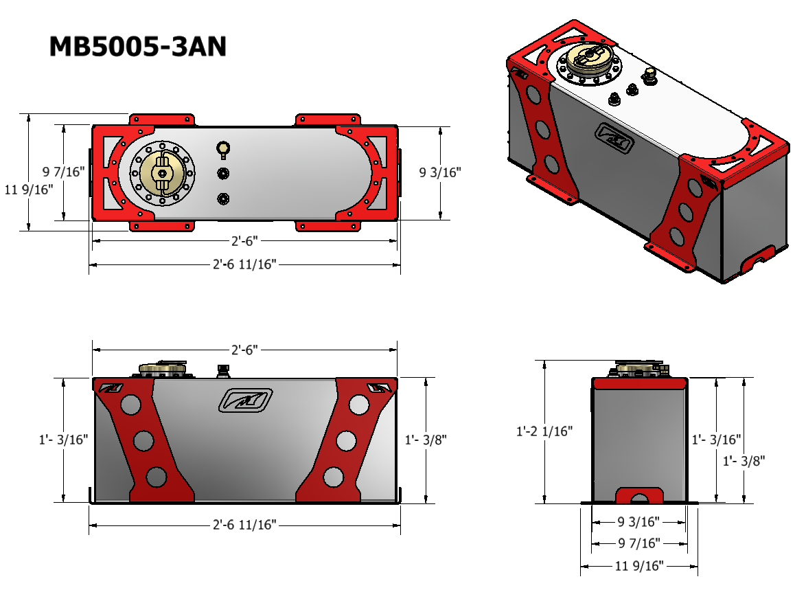 Celda de combustible de 15 galones con conexiones -AN 30x12x9